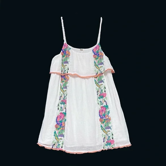 Free People Embroidered Mini Slip Dress Gauze White Crochet Beach Party XS Boho - Picture 2 of 14